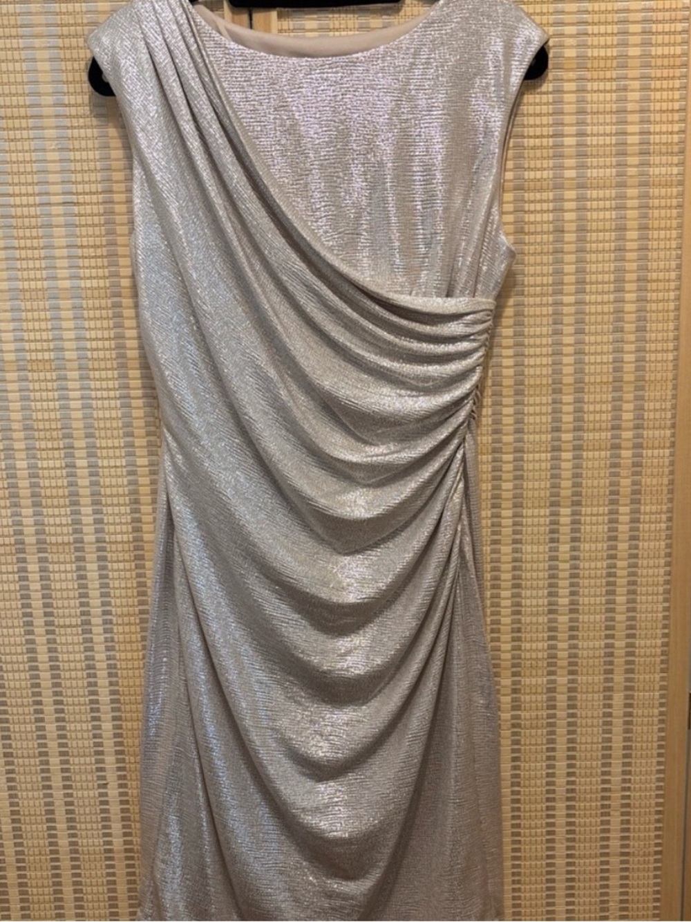 Alex Marie Shimmery Silver Asymmetrical Ruched Cocktail Dress